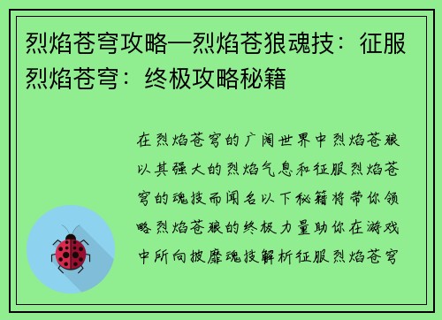 烈焰苍穹攻略—烈焰苍狼魂技：征服烈焰苍穹：终极攻略秘籍