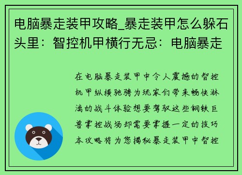 电脑暴走装甲攻略_暴走装甲怎么躲石头里：智控机甲横行无忌：电脑暴走装甲制霸攻略